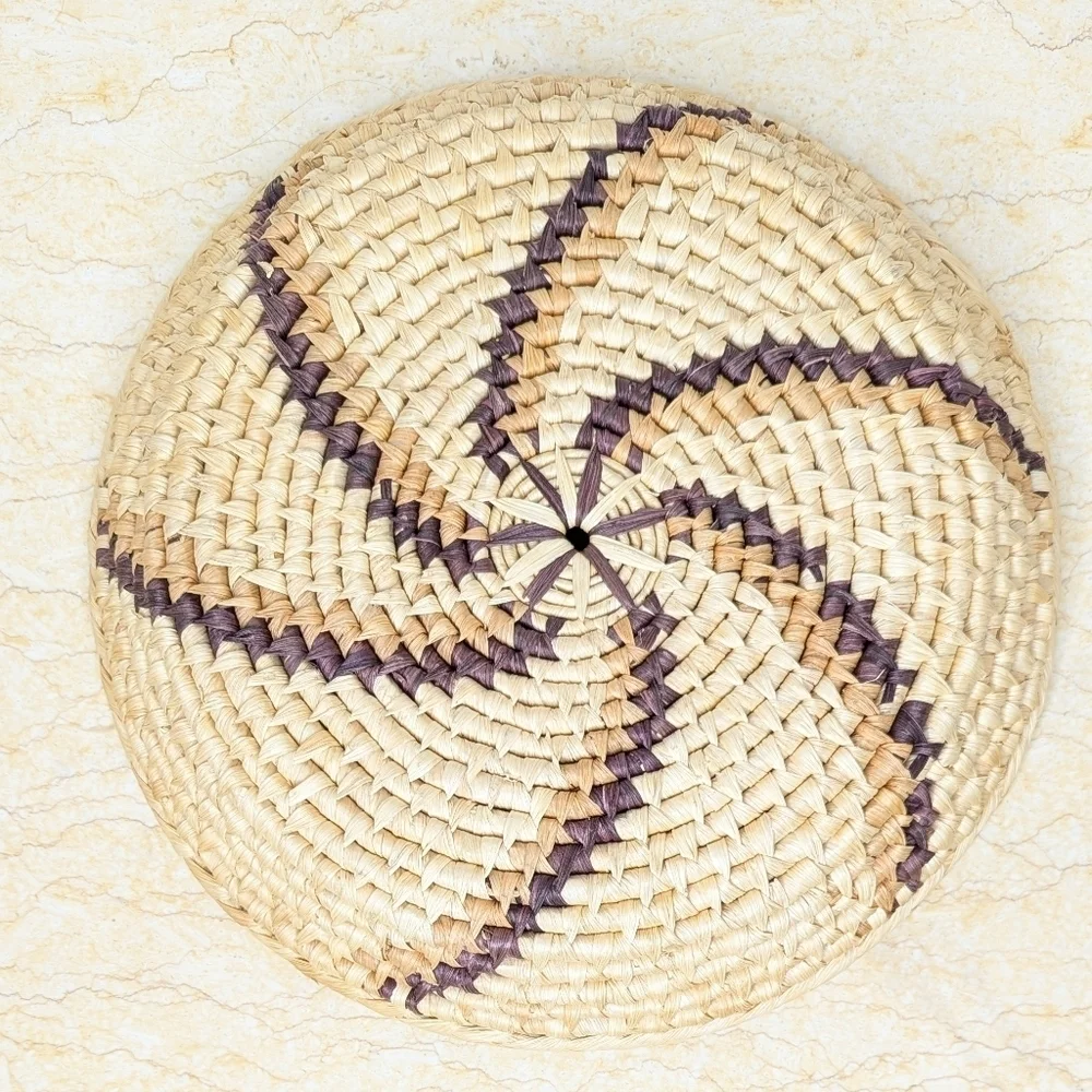 Vintage Woven Coil Handmade Round Tan & Brown Pinwheel Basket Harvest Bowl